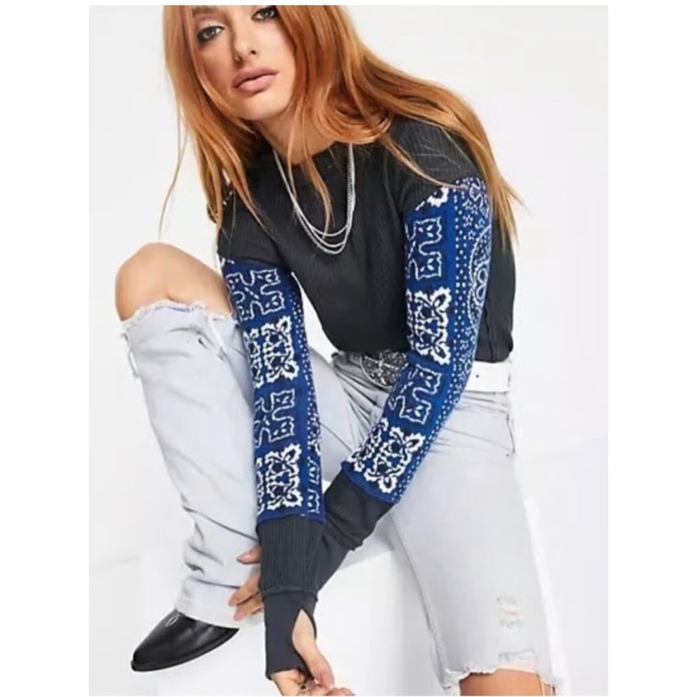 Free People We The Free Bandana Sleeve Thermal Top XS Grey Blue
